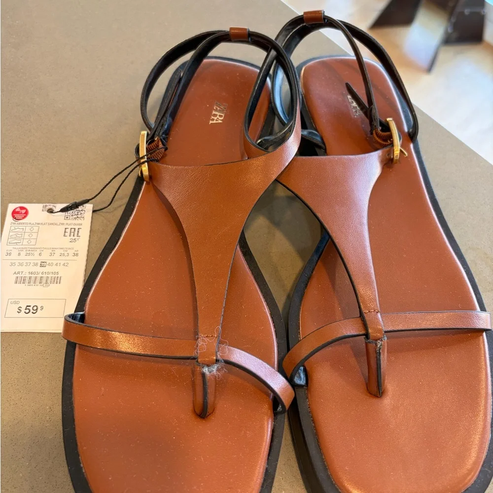 ZARA Brown and Black T-Strap Leather Sandals - Women - Picture 3 of 4